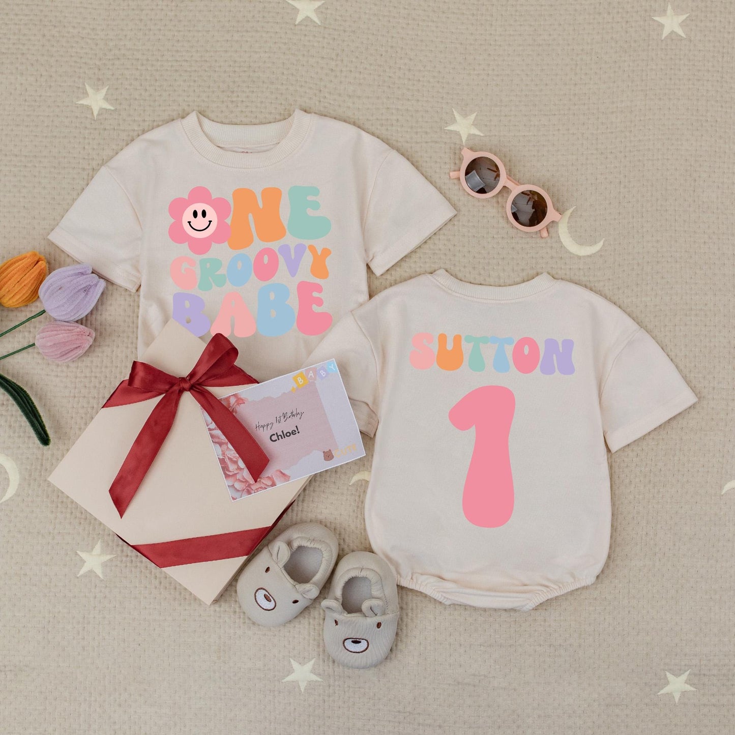 Custom Groovy Babe Floral Smiley 1st Birthday Romper Baby Girl Outfit Retro Pink Lavender Green
