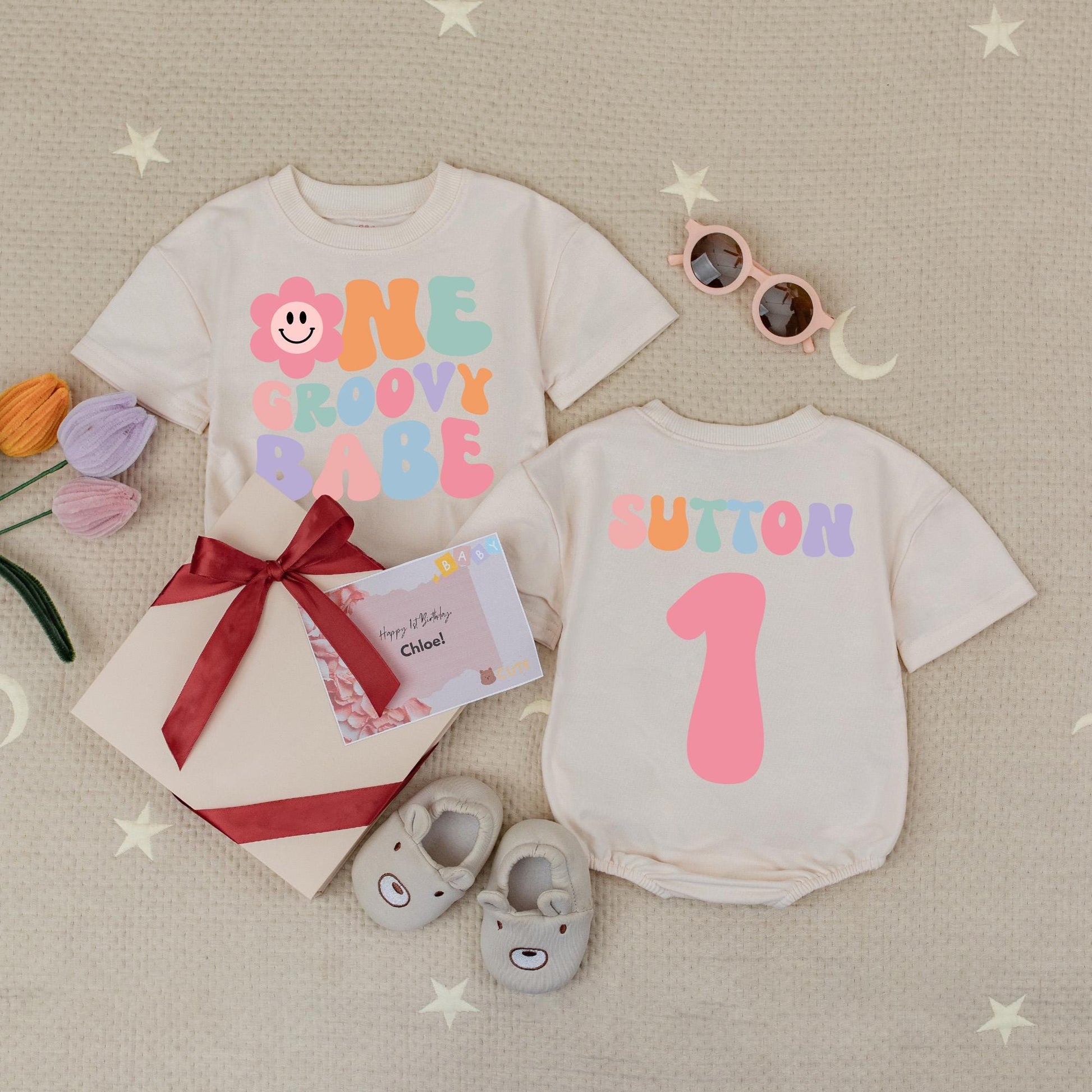 Custom Groovy Babe Floral Smiley 1st Birthday Romper Baby Girl Outfit Retro Pink Lavender Green