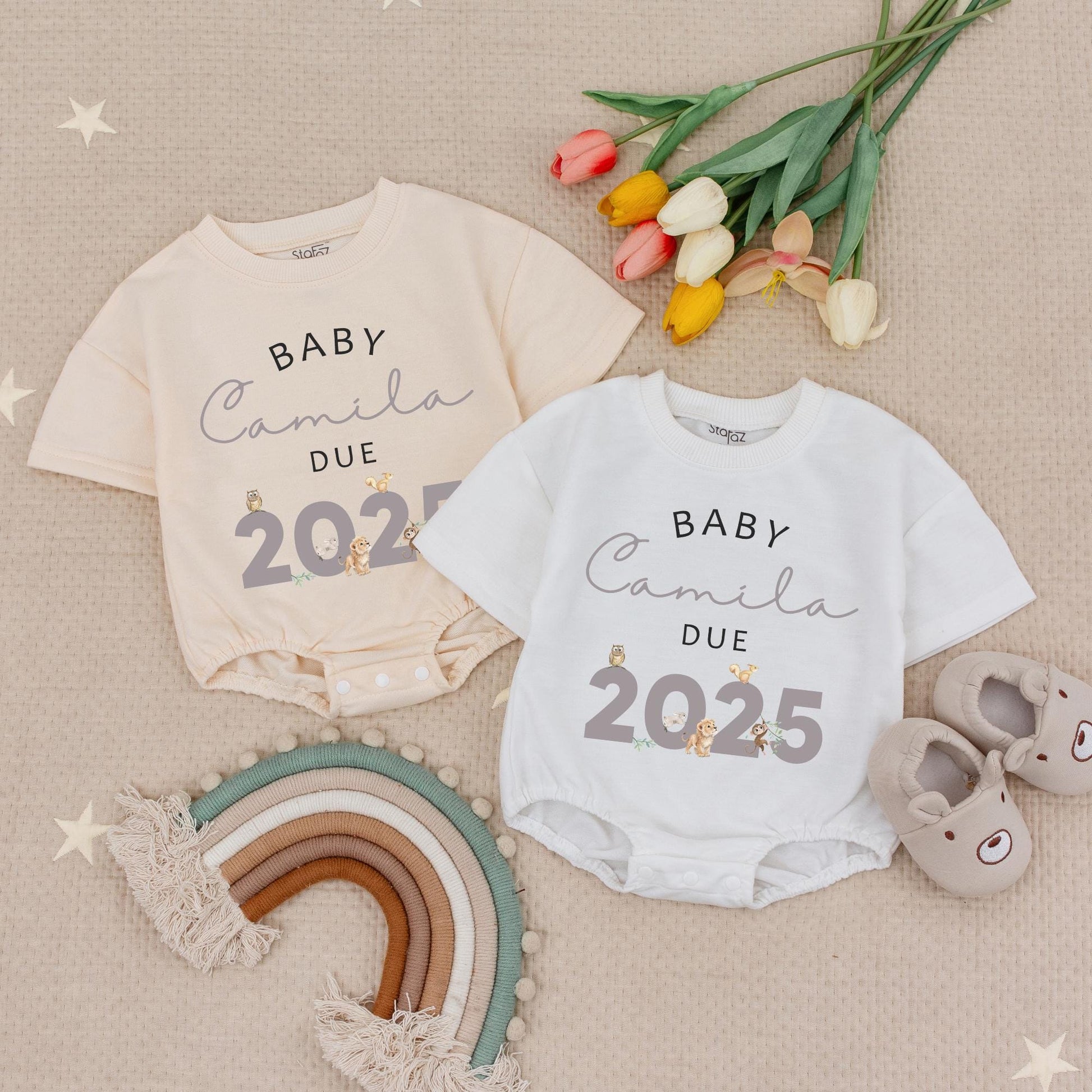 Custom Name Baby Due 2025 Pregnancy Announcement Romper with Safari Animals Baby Grow Gift for Expecting Parents