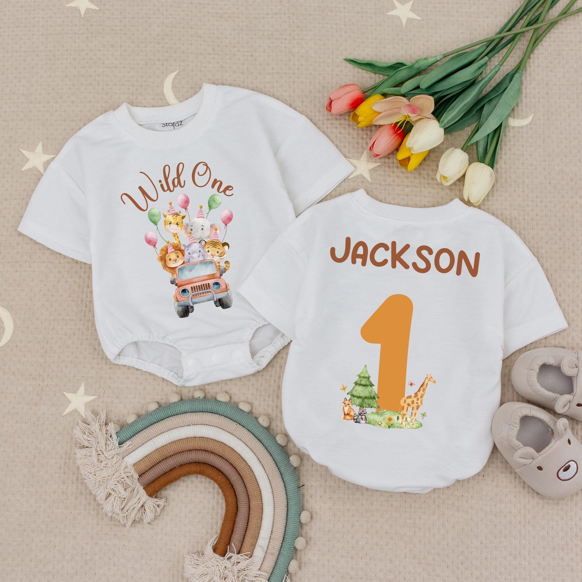 Wild One Birthday Romper Custom Name Safari Animals First Birthday Babysuit Zoo Theme Personalized Number One Bodysuit Baby Boy Jungle Party (135 chars)