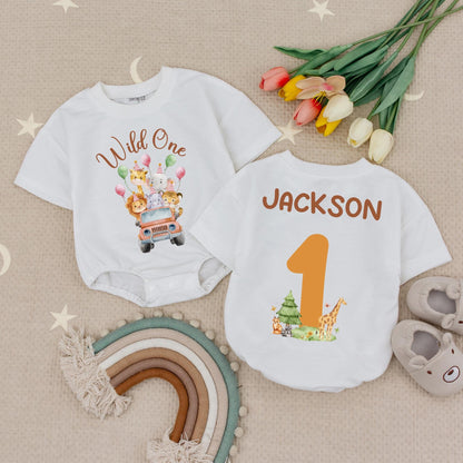 Wild One Birthday Romper Custom Name Safari Animals First Birthday Babysuit Zoo Theme Personalized Number One Bodysuit Baby Boy Jungle Party (135 chars)