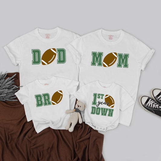 Matching First Year Down Football Family Shirts Custom Baby's 1st Birthday Outfit Game Day Party Clothes