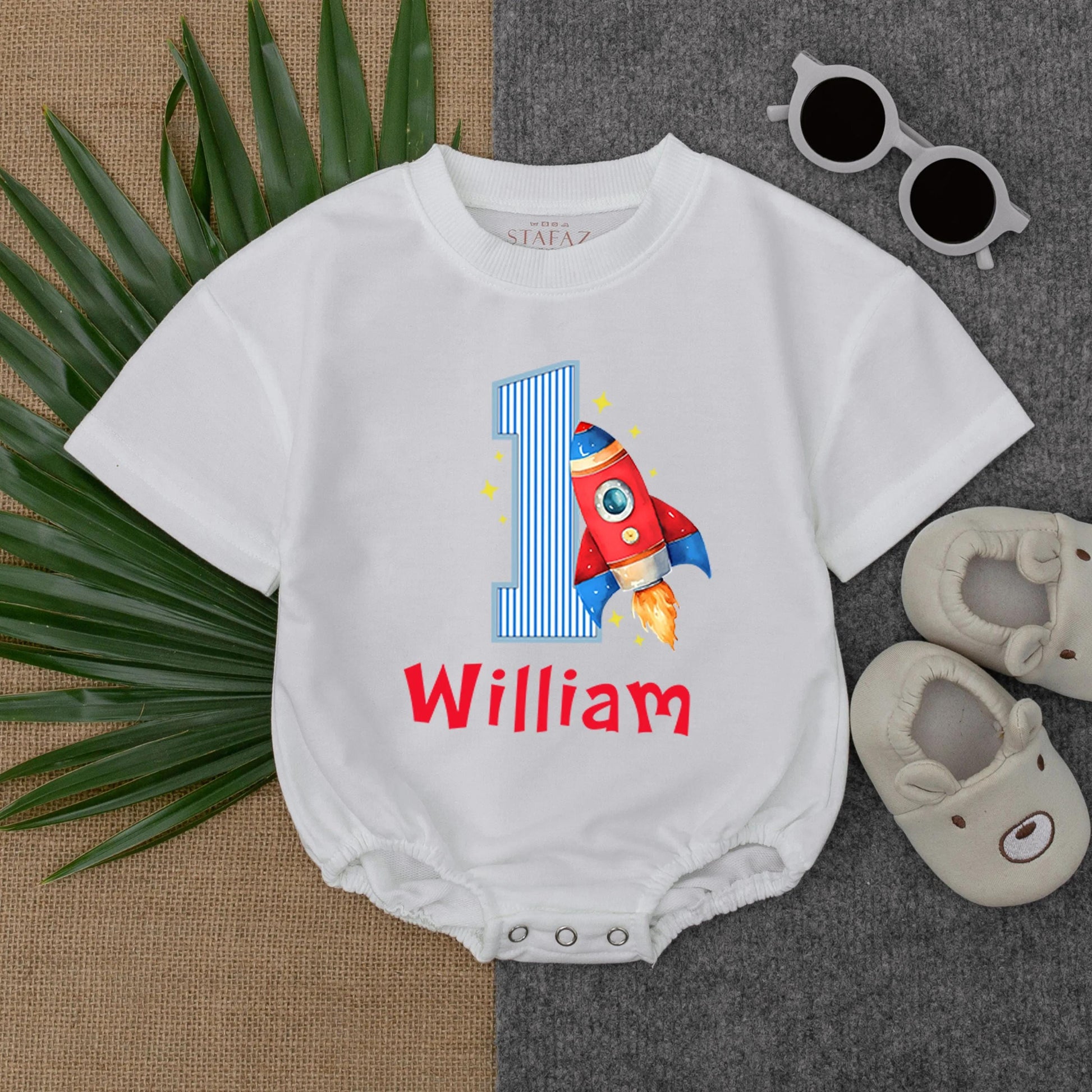 Personalized Rocket Birthday Romper First Trip Around the Sun Baby Boy Rocket Ship 1st Birthday Outfit Custom Space Suit One-Piece