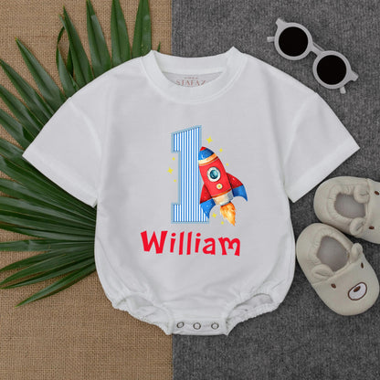 Personalized Rocket Birthday Romper First Trip Around the Sun Baby Boy Rocket Ship 1st Birthday Outfit Custom Space Suit One-Piece