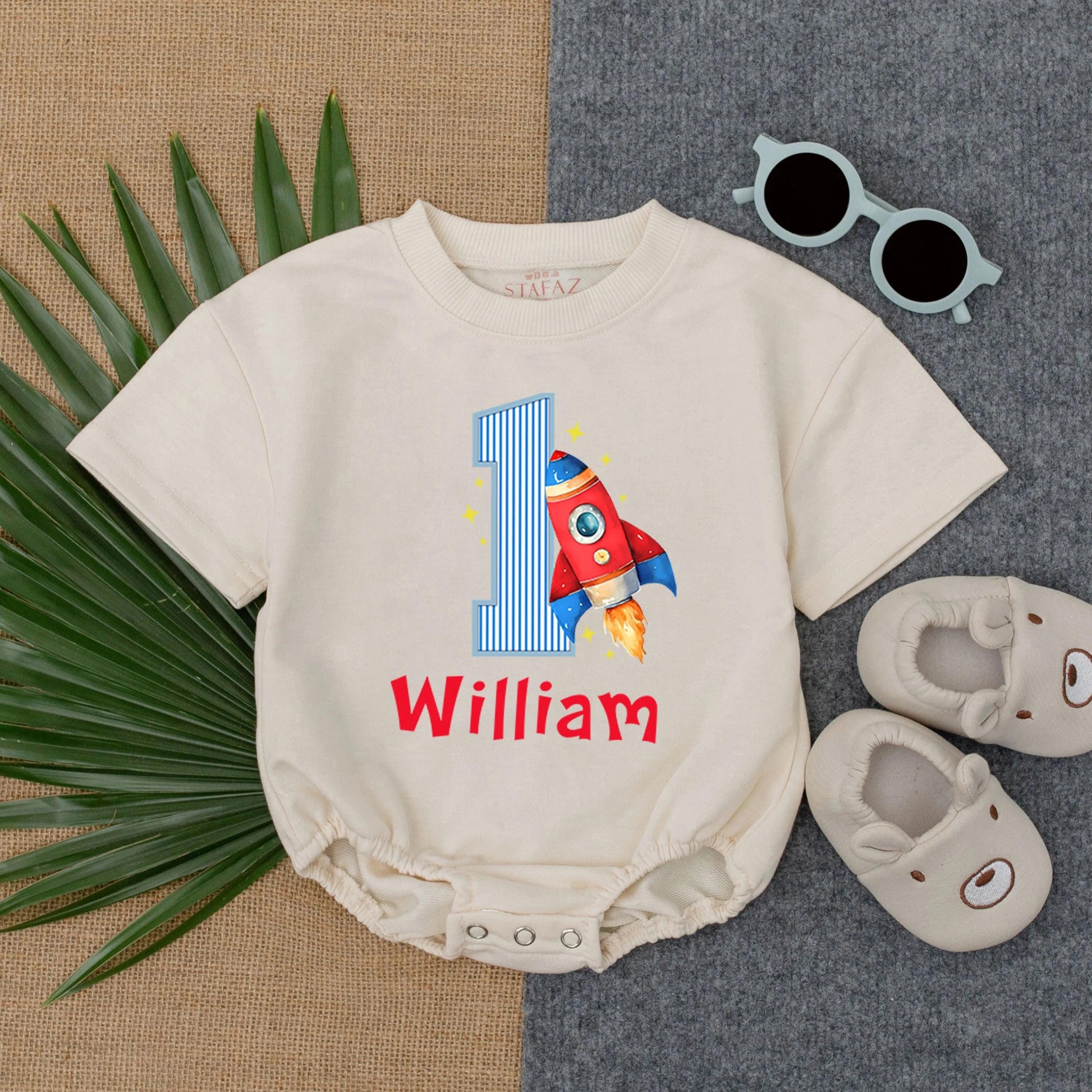Personalized Rocket Birthday Romper First Trip Around the Sun Baby Boy Rocket Ship 1st Birthday Outfit Custom Space Suit One-Piece