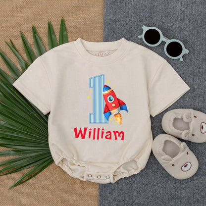 Personalized Rocket Birthday Romper First Trip Around the Sun Baby Boy Rocket Ship 1st Birthday Outfit Custom Space Suit One-Piece