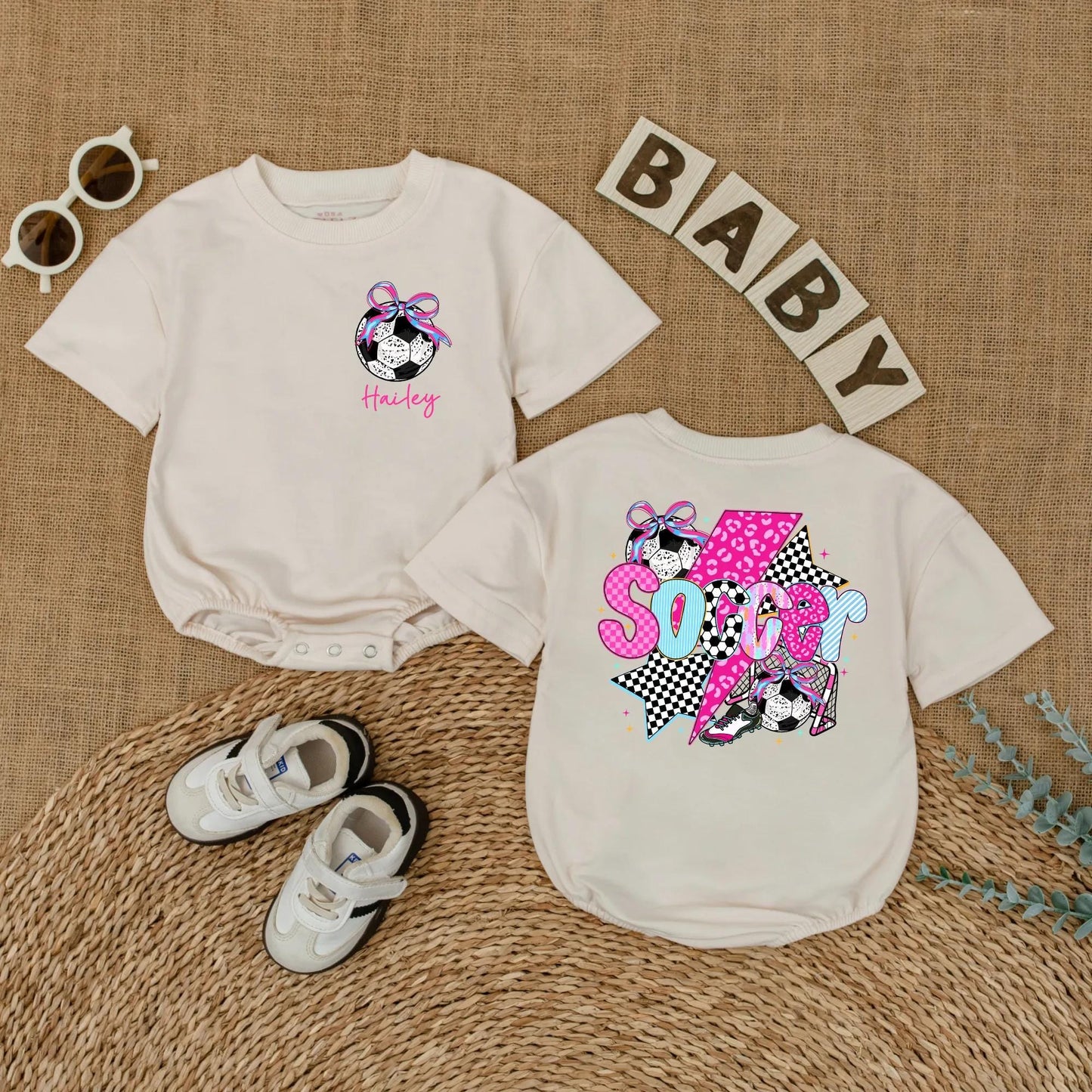 Personalized Soccer Bow Baby Romper for Baby Girl Game Day Outfit Future Soccer Player Sports Gift
