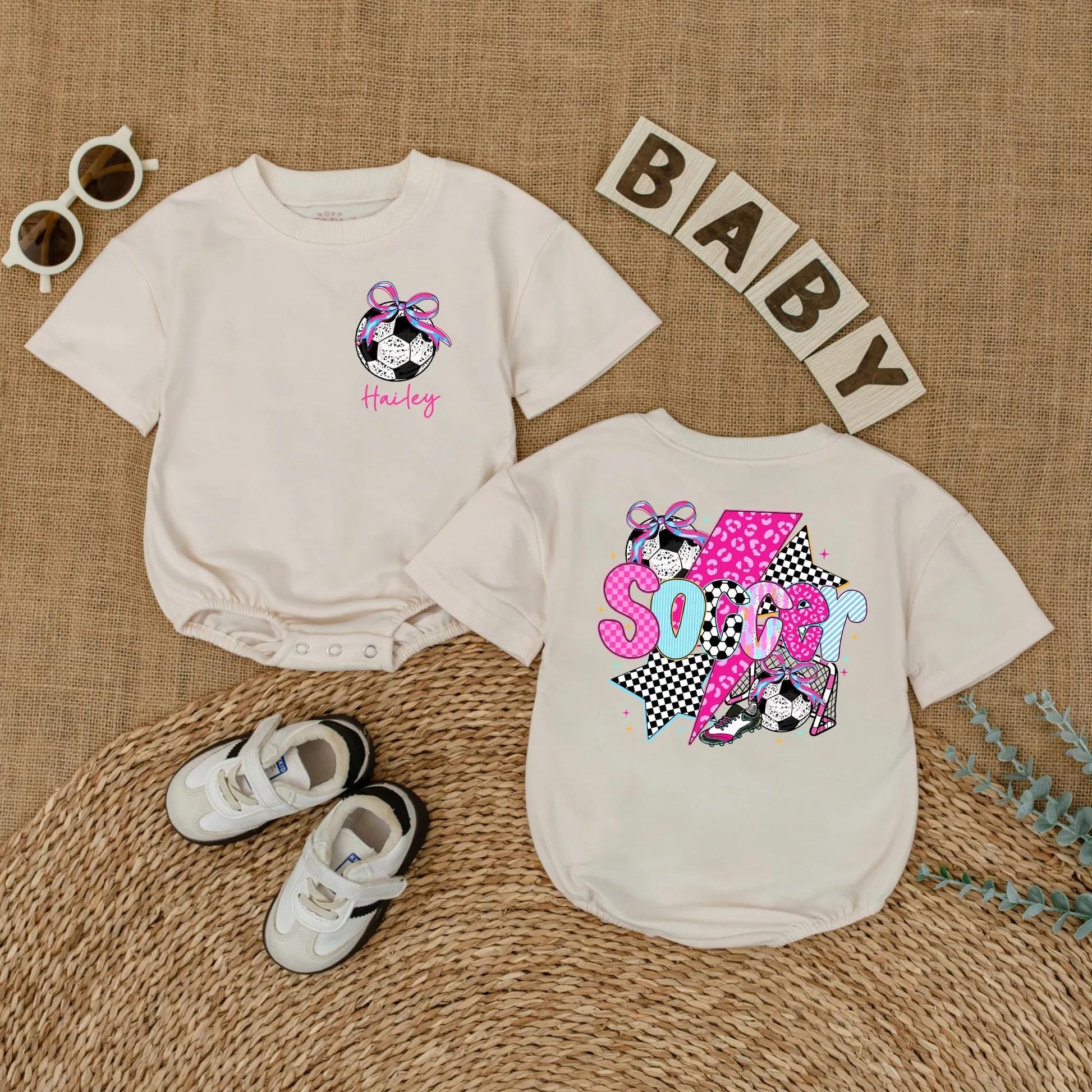 Personalized Soccer Bow Baby Romper for Baby Girl Game Day Outfit Future Soccer Player Sports Gift