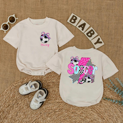 Personalized Soccer Bow Baby Romper for Baby Girl Game Day Outfit Future Soccer Player Sports Gift