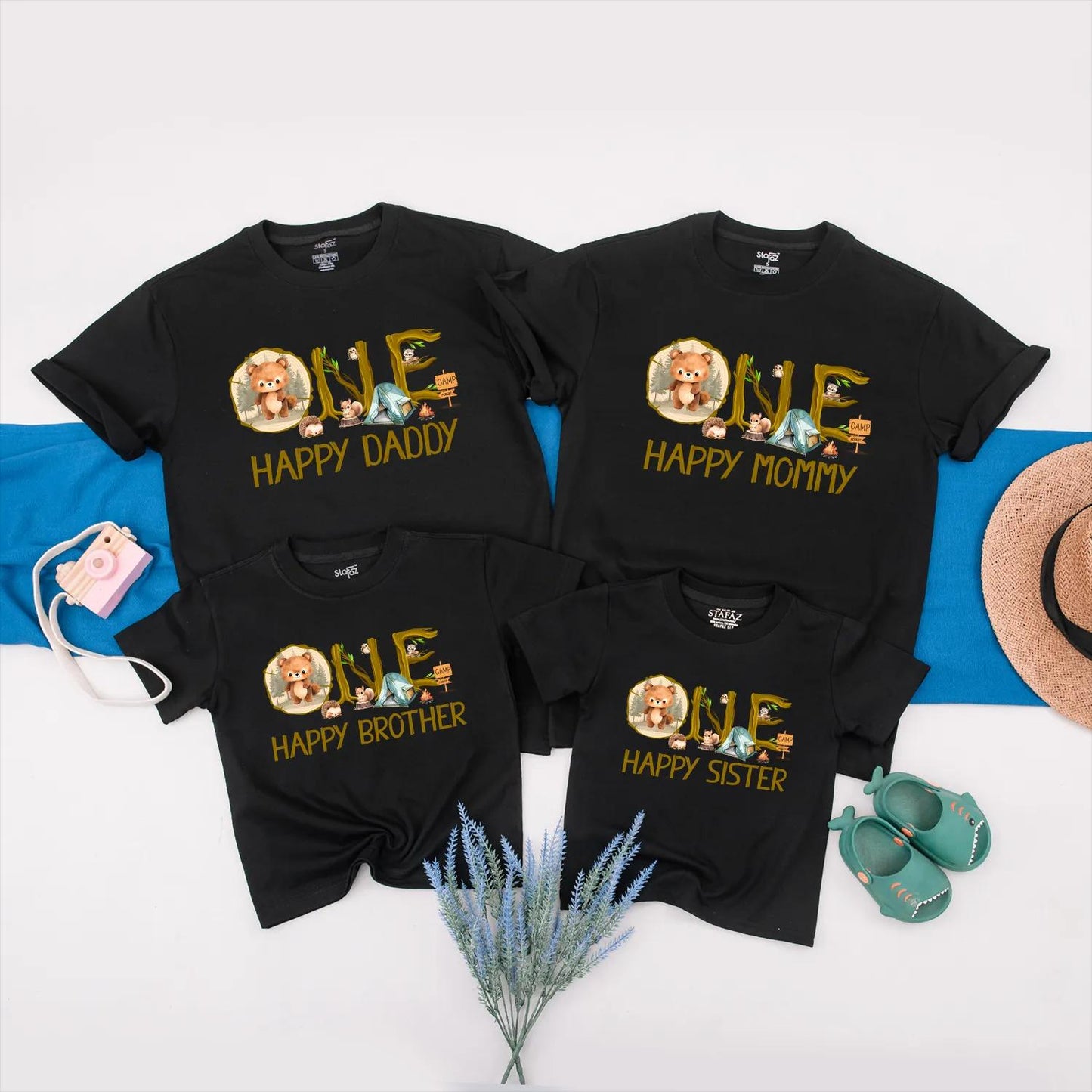 Personalized Happy Camper Family Matching Outfit 1st Birthday Baby Romper Outdoor Summer Adventure Gift for Mom Dad Toddler