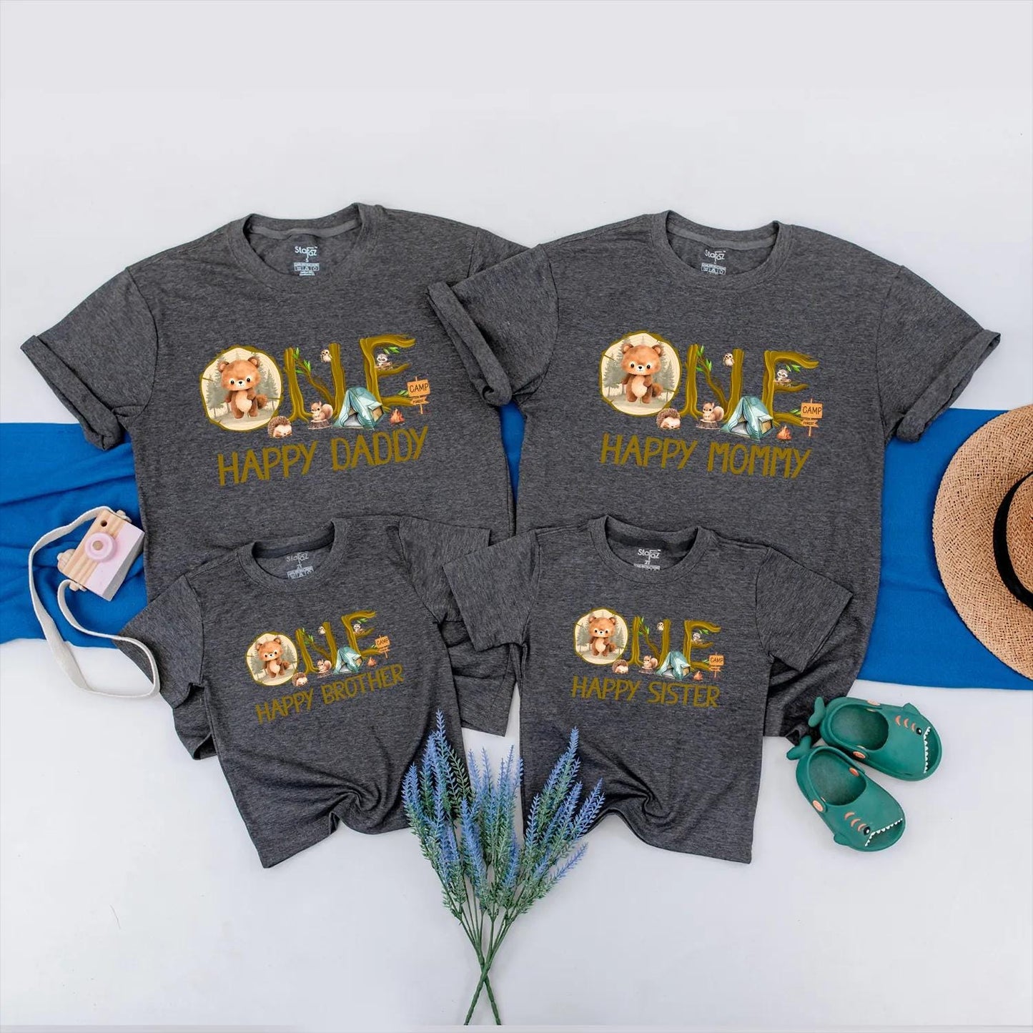 Personalized Happy Camper Family Matching Outfit 1st Birthday Baby Romper Outdoor Summer Adventure Gift for Mom Dad Toddler