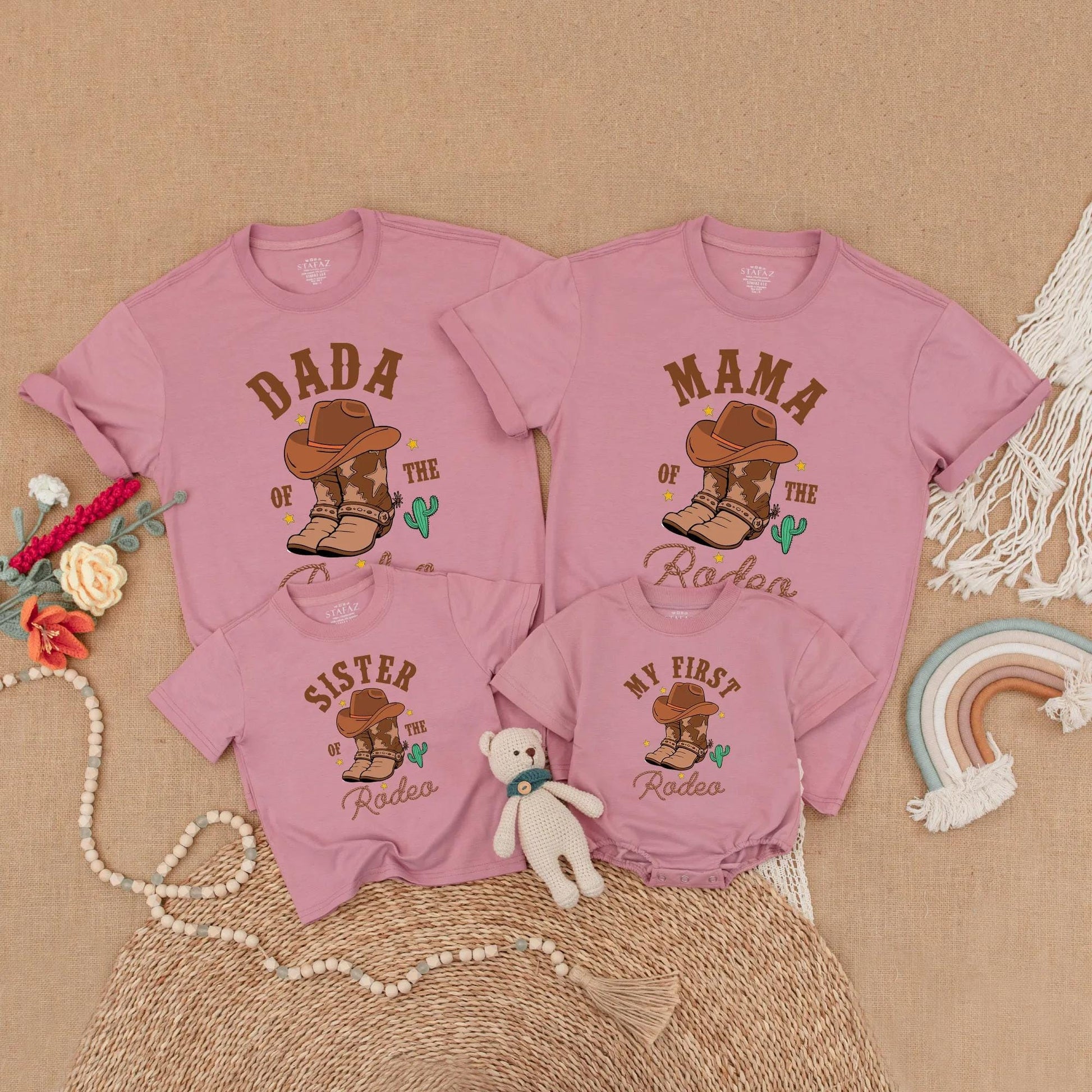 Dada Mama Brother My First Rodeo Birthday Matching Family Shirts Western Cowboy Boots Cactus Stars Rope Font