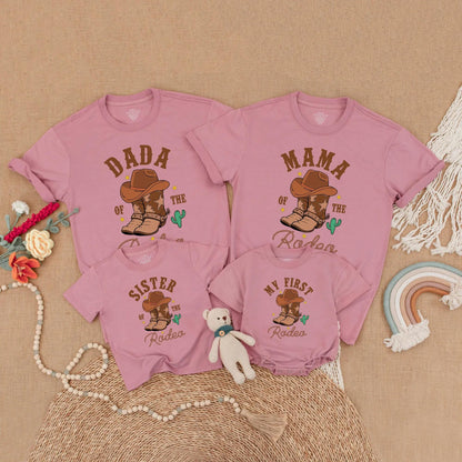 Dada Mama Brother My First Rodeo Birthday Matching Family Shirts Western Cowboy Boots Cactus Stars Rope Font