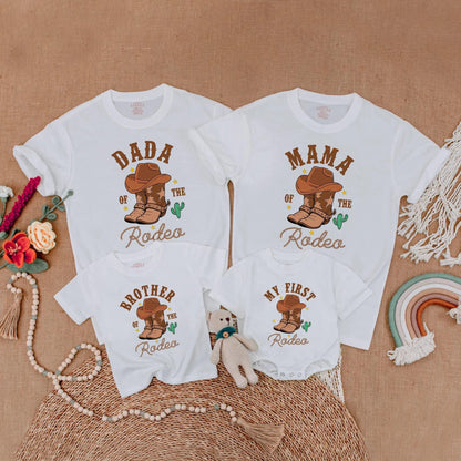 Dada Mama Brother My First Rodeo Birthday Matching Family Shirts Western Cowboy Boots Cactus Stars Rope Font