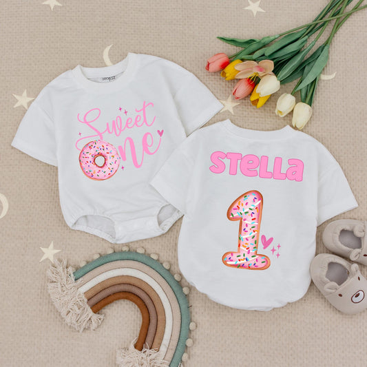 Sweet One Donut Birthday Baby Romper Pink Donut Sprinkle "Sweet One" Girl First Birthday Outfit