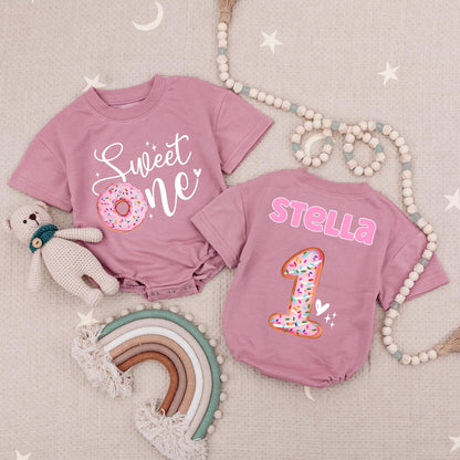 Sweet One Donut Birthday Baby Romper Pink Donut Sprinkle "Sweet One" Girl First Birthday Outfit