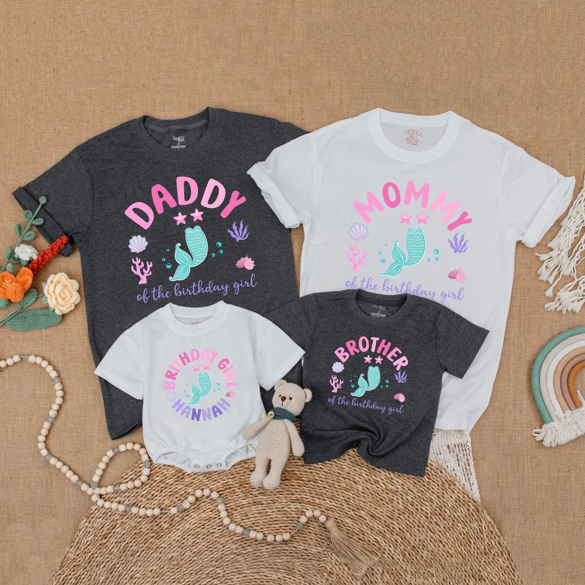 Mermaid Birthday Girl Family Matching Shirts Hannah's First Birthday Toddler Mermaid Tail Party Outfit Turquoise Stars Coral Seashells
