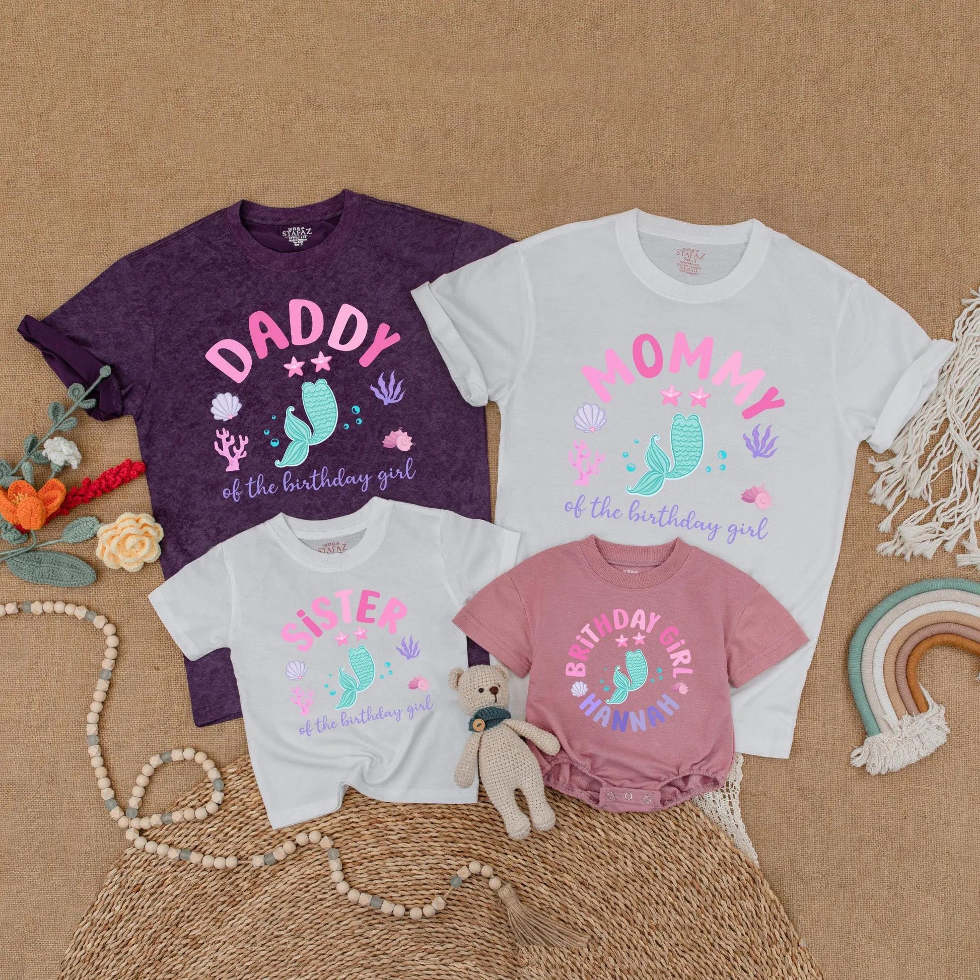 Mermaid Birthday Girl Family Matching Shirts Hannah's First Birthday Toddler Mermaid Tail Party Outfit Turquoise Stars Coral Seashells