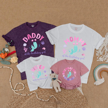 Mermaid Birthday Girl Family Matching Shirts Hannah's First Birthday Toddler Mermaid Tail Party Outfit Turquoise Stars Coral Seashells