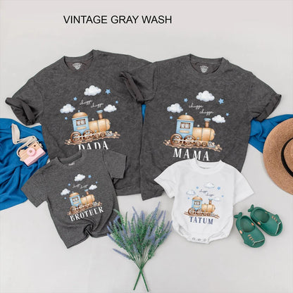 Personalized Train Birthday Shirt for Baby Boy Chugga Chugga Matching Family Outfits Name Romper Toddler Birthday Party Tee Look
