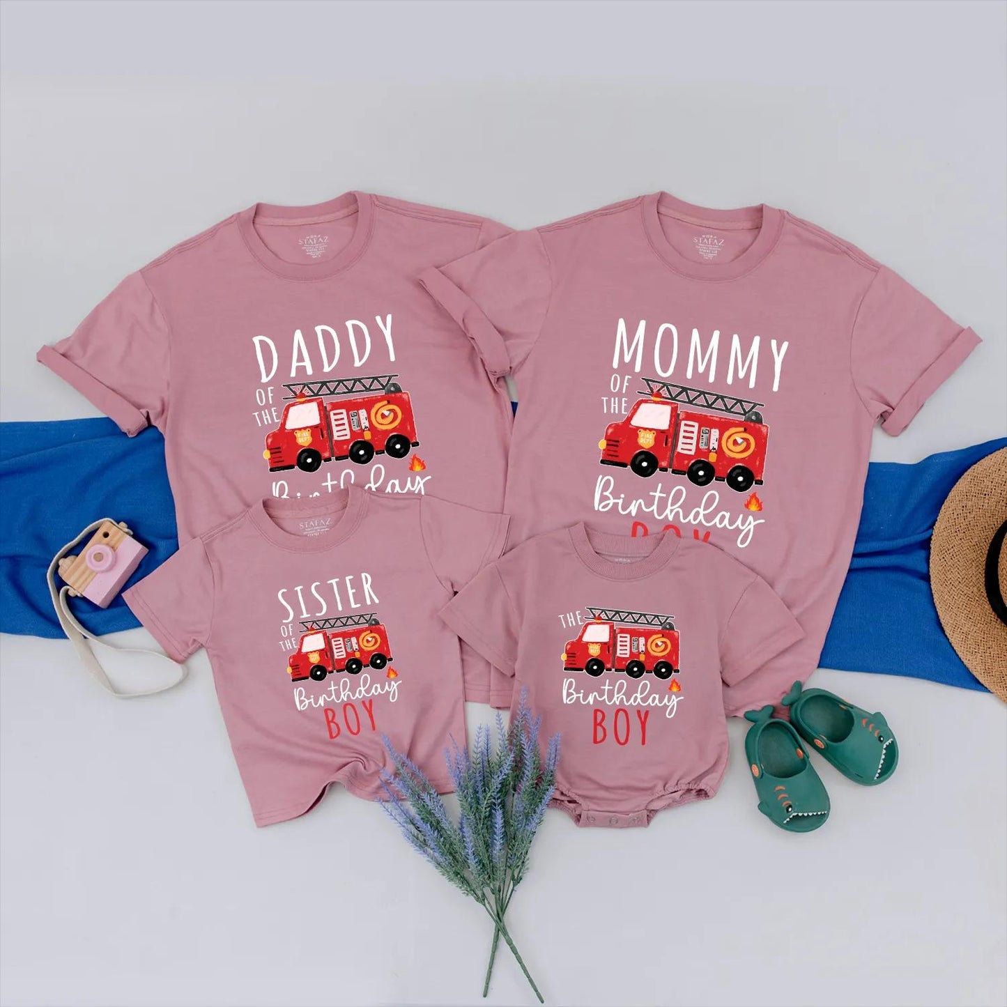 Personalized Firetruck Birthday Family Matching Shirts Firefighter Theme Birthday Boy First Birthday Comfortable Cotton Tees Party Outfit Celebration