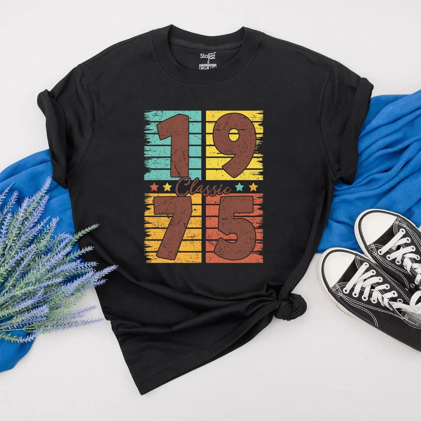 Personalized 1975 Birthday Shirt, Retro 50th Birthday Gift, Turquoise Yellow Orange Stripes, Classic Vintage Style, Custom Made Year Gift Idea
