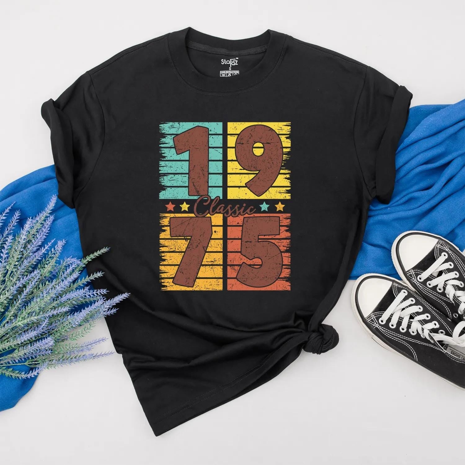 Personalized 1975 Birthday Shirt, Retro 50th Birthday Gift, Turquoise Yellow Orange Stripes, Classic Vintage Style, Custom Made Year Gift Idea