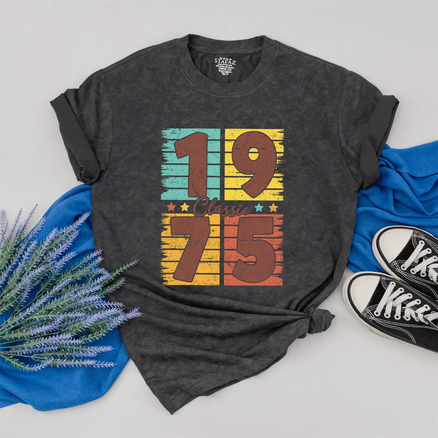Personalized 1975 Birthday Shirt, Retro 50th Birthday Gift, Turquoise Yellow Orange Stripes, Classic Vintage Style, Custom Made Year Gift Idea