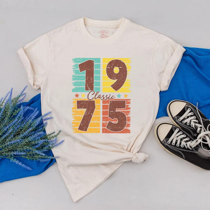 Personalized 1975 Birthday Shirt, Retro 50th Birthday Gift, Turquoise Yellow Orange Stripes, Classic Vintage Style, Custom Made Year Gift Idea