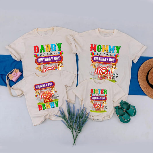 Circus Birthday Matching Family Shirts, Custom Name & Age Outfit, Carnival Party Tees for Birthday Boy, Mommy, Daddy, Sister, Personalized Celebration (139 chars)