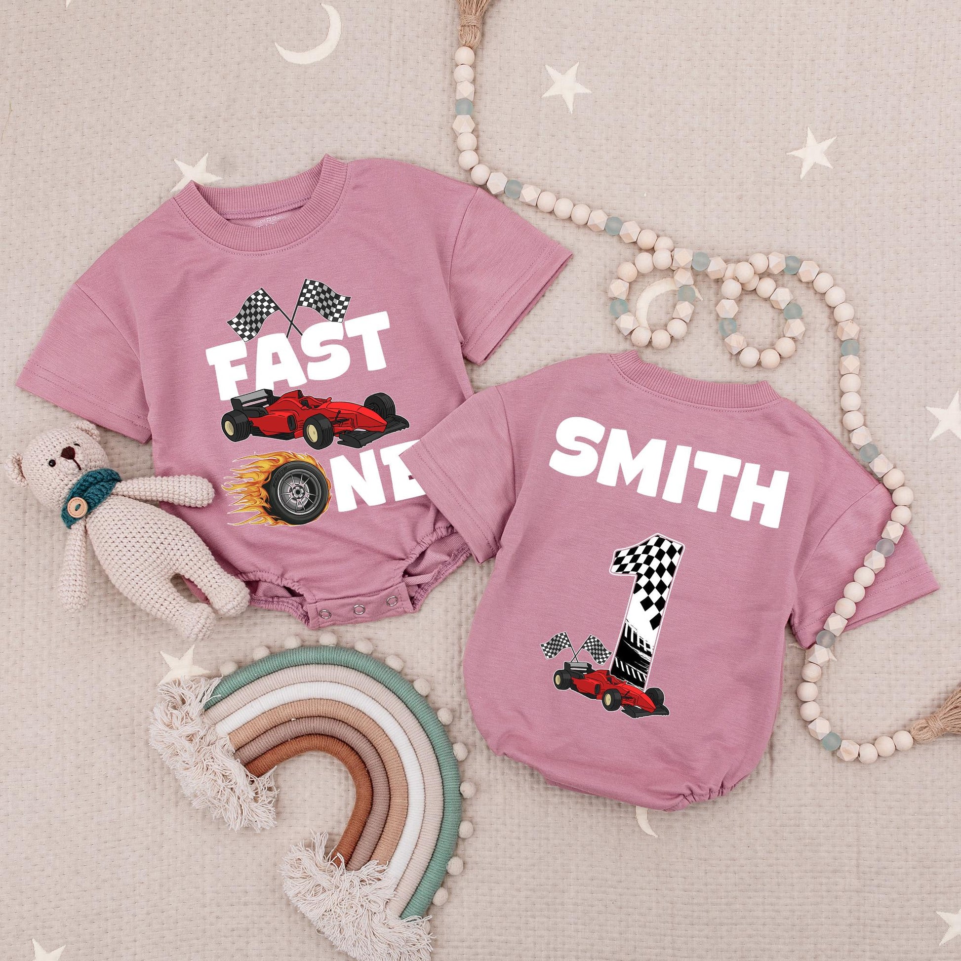Fast One Race Car 1st Birthday Baby Romper Set, Checkered Flag Bodysuit, Personalized Smith Outfit, Boy First Birthday Gift, Soft Cotton 130