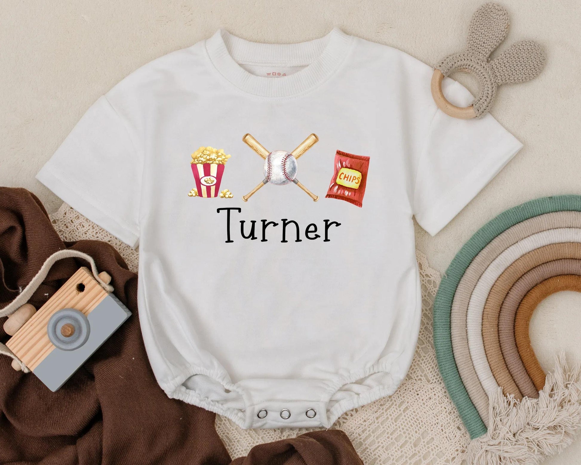Custom Name Baseball T-Shirt Romper Baby Boy Baseball Fan Outfit Popcorn Snack Design Summer Gift Idea