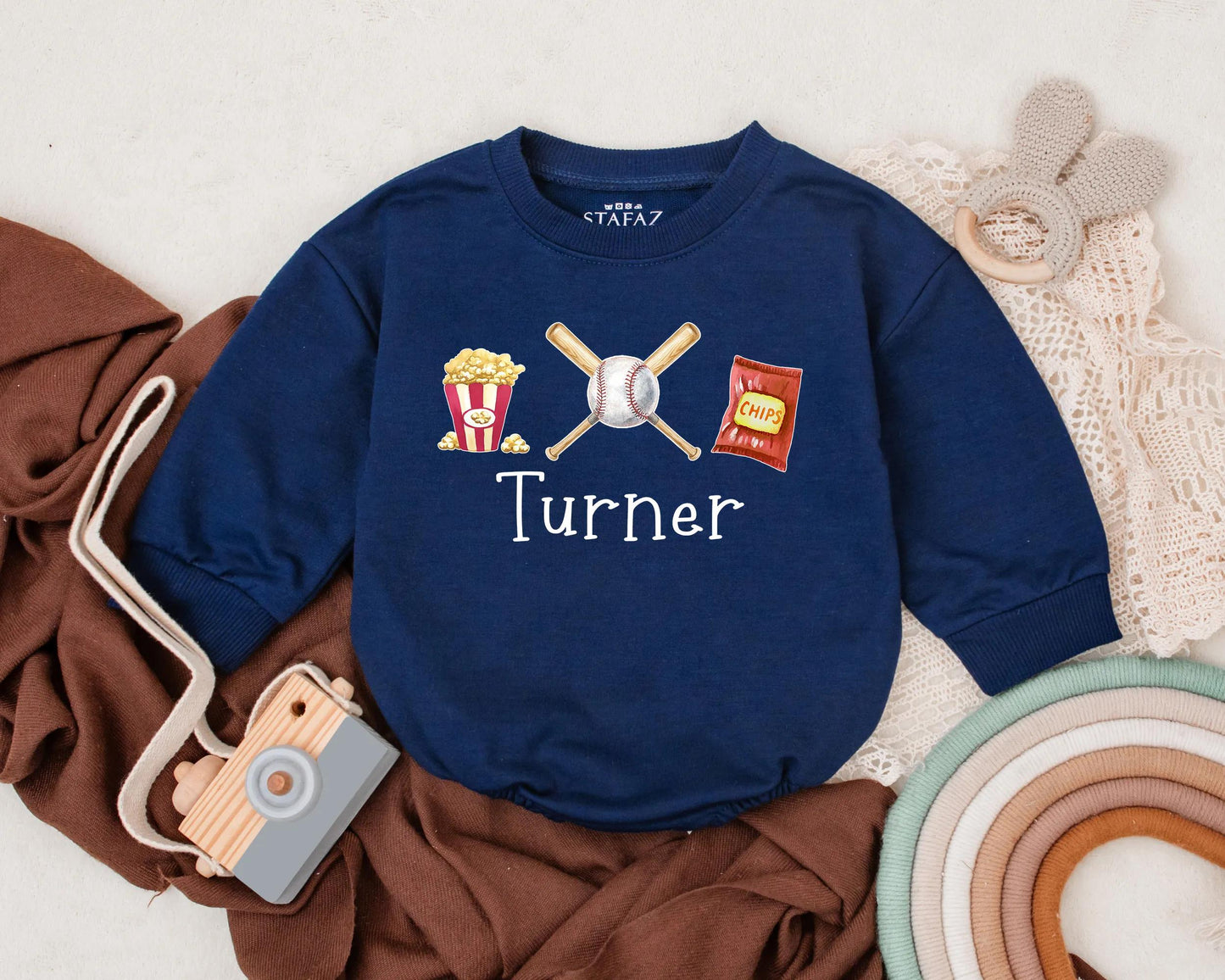 Custom Name Baseball T-Shirt Romper Baby Boy Baseball Fan Outfit Popcorn Snack Design Summer Gift Idea