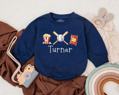 Custom Name Baseball T-Shirt Romper Baby Boy Baseball Fan Outfit Popcorn Snack Design Summer Gift Idea