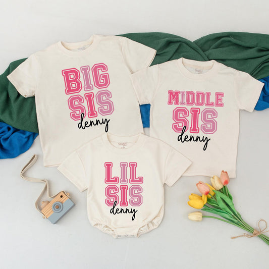 Personalized Sister Matching Outfits: Big, Middle, Lil Sis Shirts for Baby Girl - Custom Name Sibling Announcement Tees