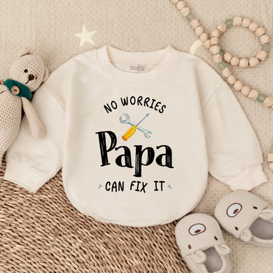 No Worries Papa Can Fix It Bubble Romper Cute Baby Outfit for Dad Father's Day Gift Handy Papa Baby Clothes Funny Bodysuit
