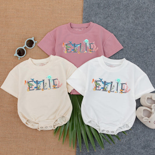 Personalized Ocean Theme Baby Bubble Romper Sea Animal Summer Name Outfit for Boys and Girls Soft Comfortable T-Shirt Style One Piece