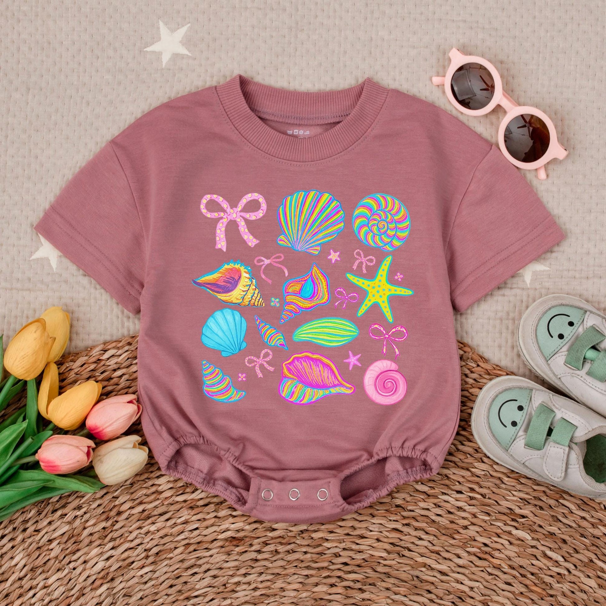 Seashell Beach Romper for Baby Girl, Summer Ocean Outfit, Cute Baby T-shirt Romper, Beach Vacation Clothes, Newborn Gift (140 chars)
