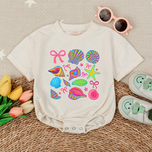Seashell Beach Romper for Baby Girl, Summer Ocean Outfit, Cute Baby T-shirt Romper, Beach Vacation Clothes, Newborn Gift (140 chars)