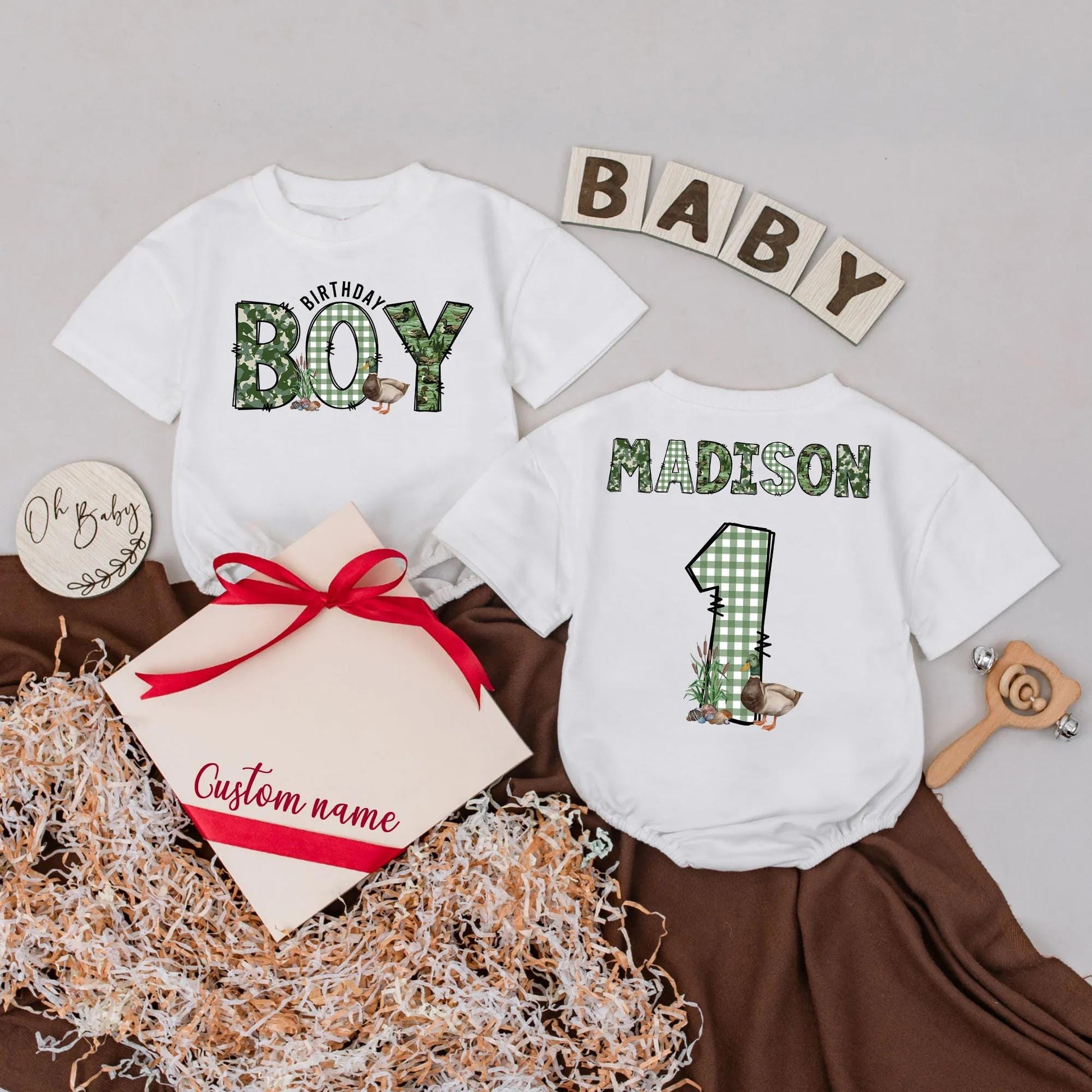 Lucky Duck 1st Birthday Romper Baby Boy Outfit One Lucky Duck Theme Custom Name Green Gingham First Birthday Bubble Baby Shower Gift
