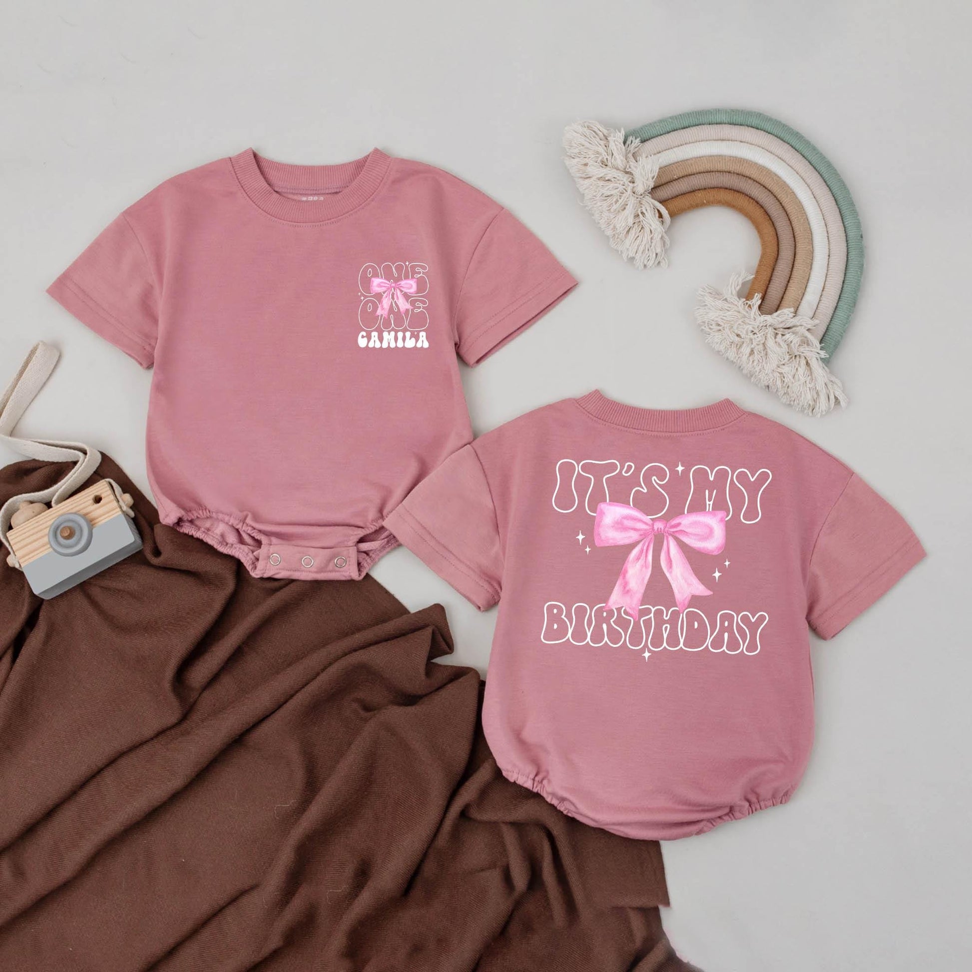 Baby Girl First Birthday Outfit: Custom Name Pink Bow Romper, It's My Birthday! One Year Gift Milestone Clothes