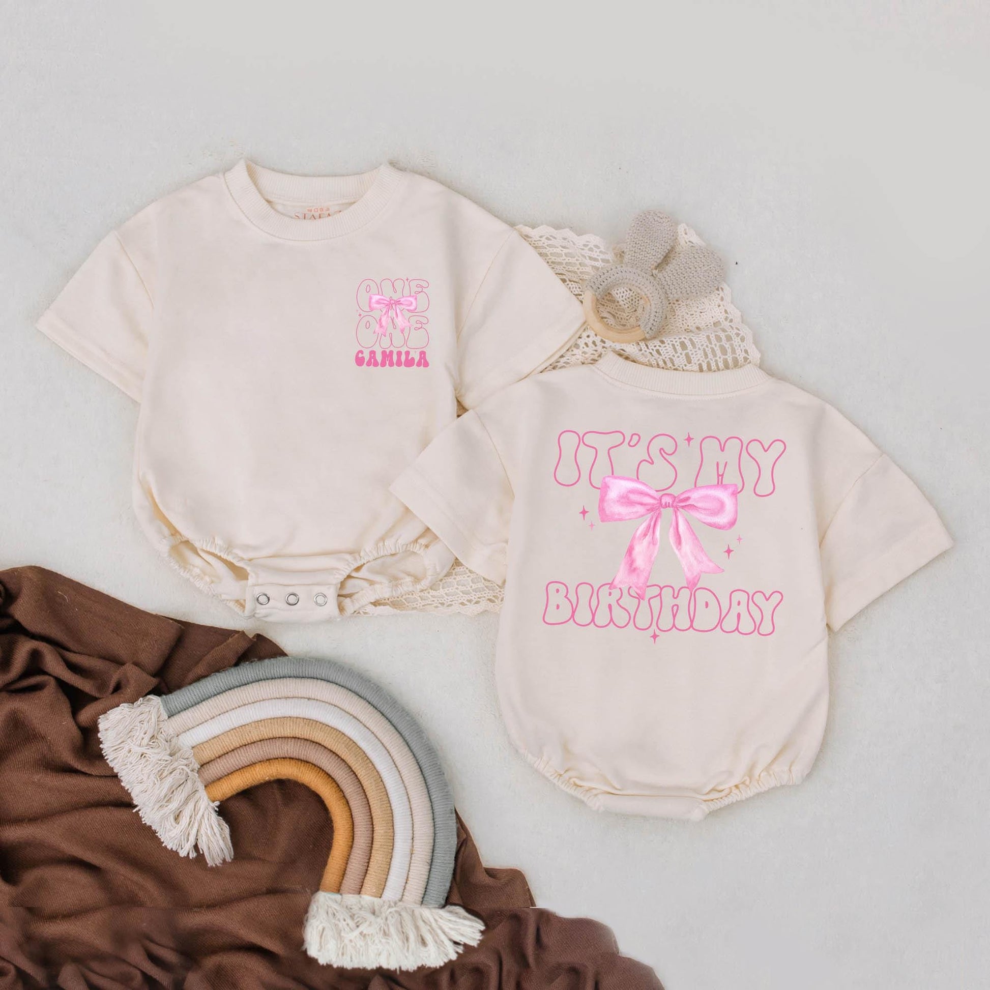 Baby Girl First Birthday Outfit: Custom Name Pink Bow Romper, It's My Birthday! One Year Gift Milestone Clothes
