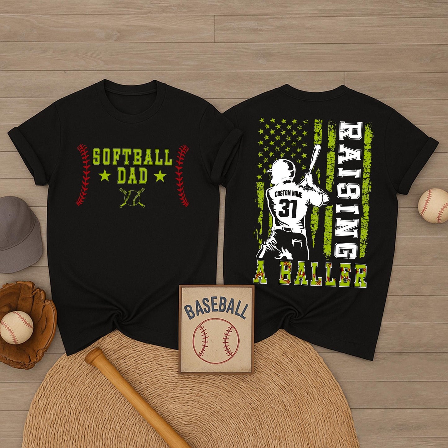 Custom Softball Dad Shirt Raising A Baller Father's Day Gift for Dad Yellow Ball Design Sports Dad Shirt