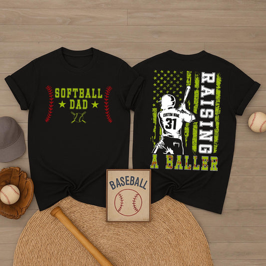 Custom Softball Dad Shirt Raising A Baller Father's Day Gift for Dad Yellow Ball Design Sports Dad Shirt