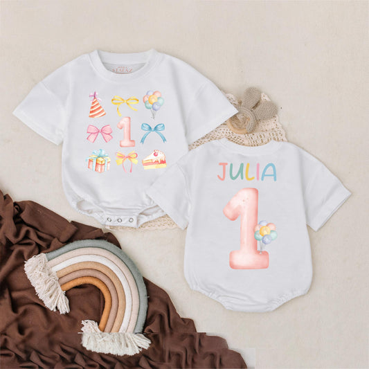 Custom First Birthday Shirt for Girls with Colorful Balloon Bow Design Personalized Name One Year Old Toddler Tee