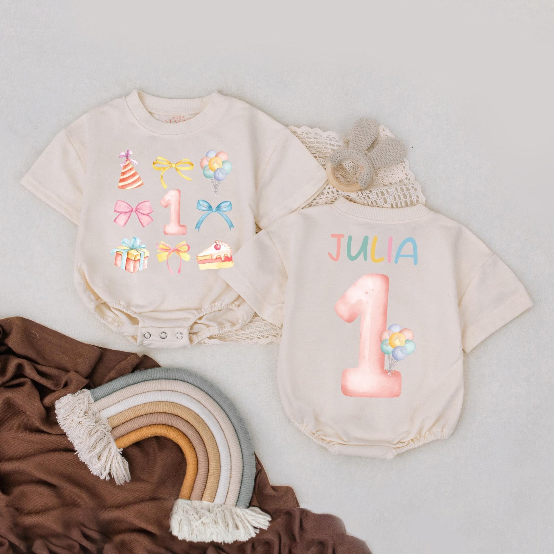 Custom First Birthday Shirt for Girls with Colorful Balloon Bow Design Personalized Name One Year Old Toddler Tee