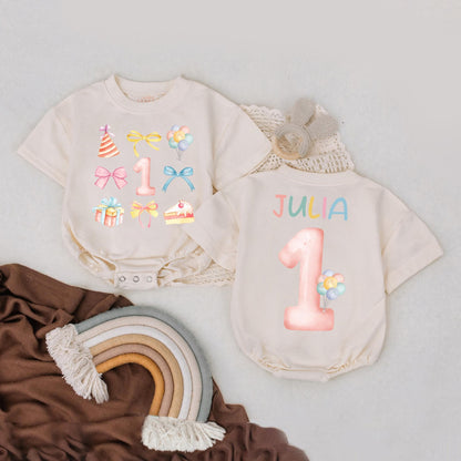 Custom First Birthday Shirt for Girls with Colorful Balloon Bow Design Personalized Name One Year Old Toddler Tee