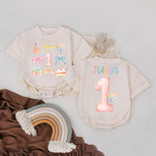 Custom First Birthday Shirt for Girls with Colorful Balloon Bow Design Personalized Name One Year Old Toddler Tee