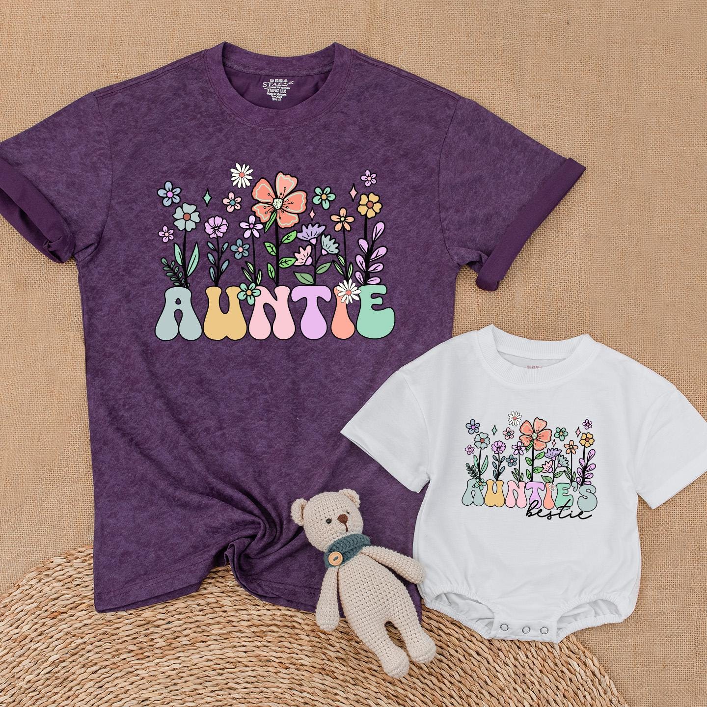 Auntie & Bestie Wildflower Matching Shirts Boho Baby Bodysuit Outfit Gift for Niece