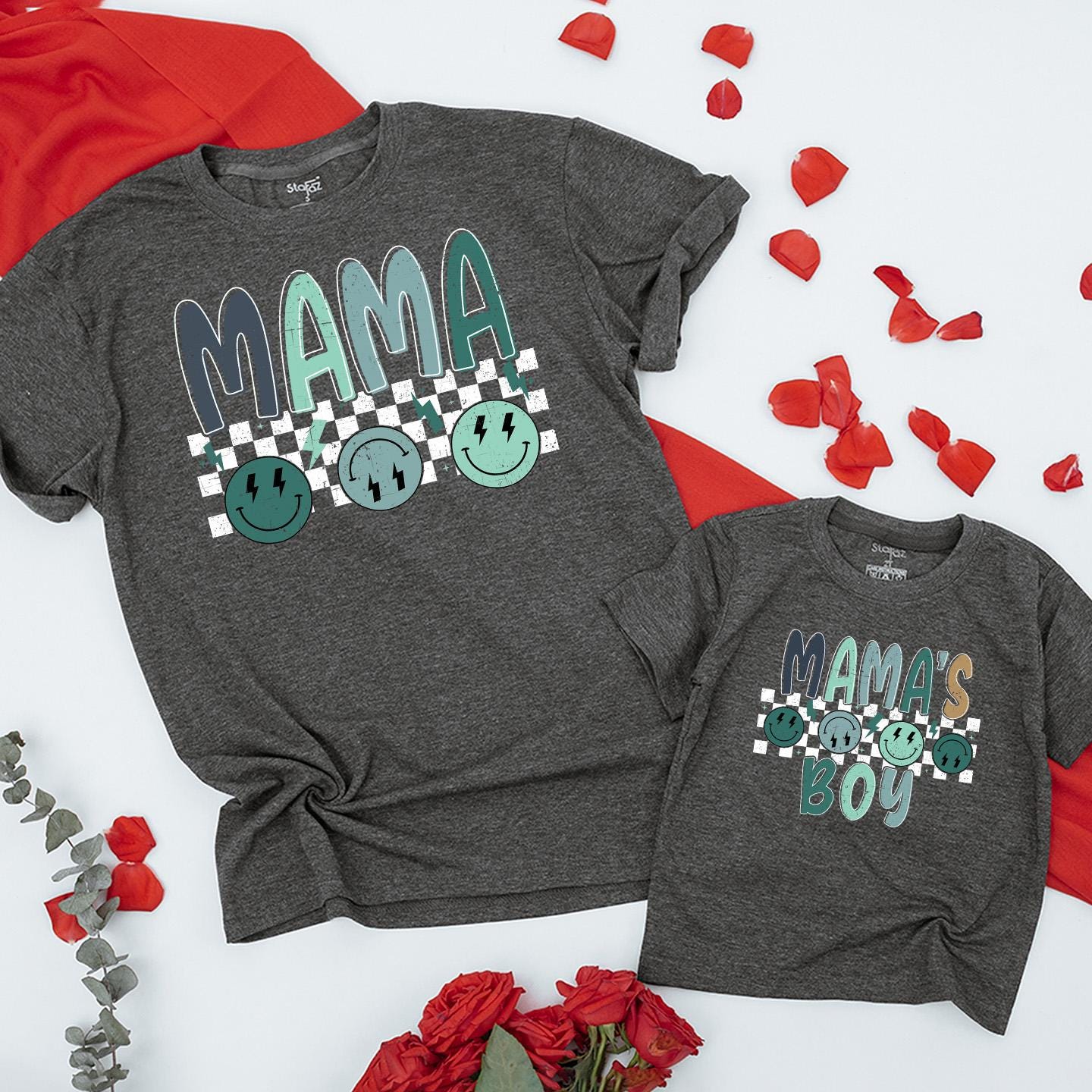 Retro Smiley Face Mama's Boy Matching Shirts: Mommy and Me Outfits, Baby Bodysuit, New Mom Gift, Checkered Design